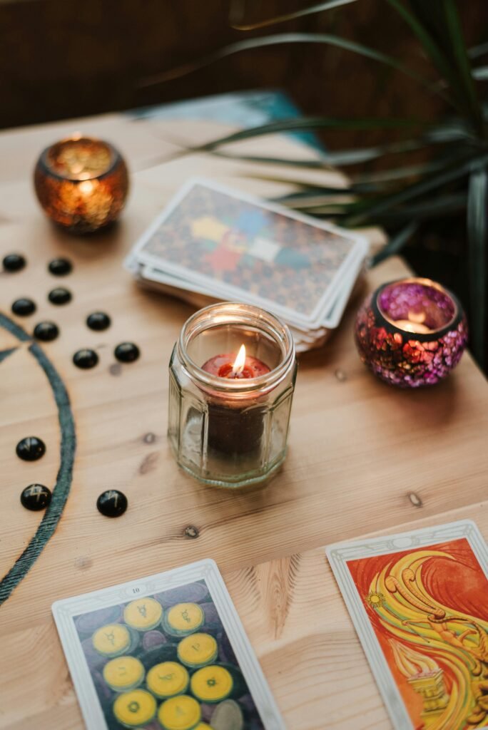 Ancient mystical tarot card setup for spiritual guidance and self-discovery